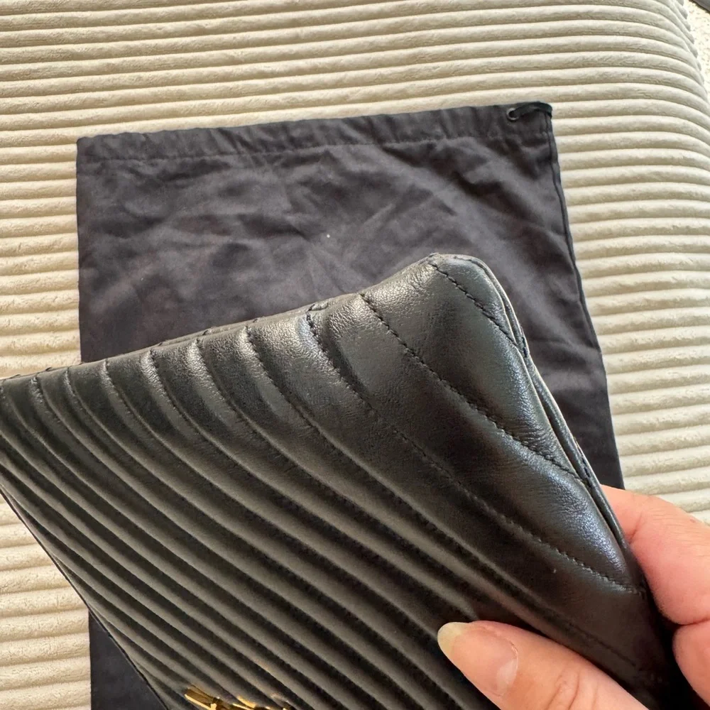 Saint Laurent Black Quilted Chevron Leather Wristlet with Gold YSL Logo - Picture 7 of 16